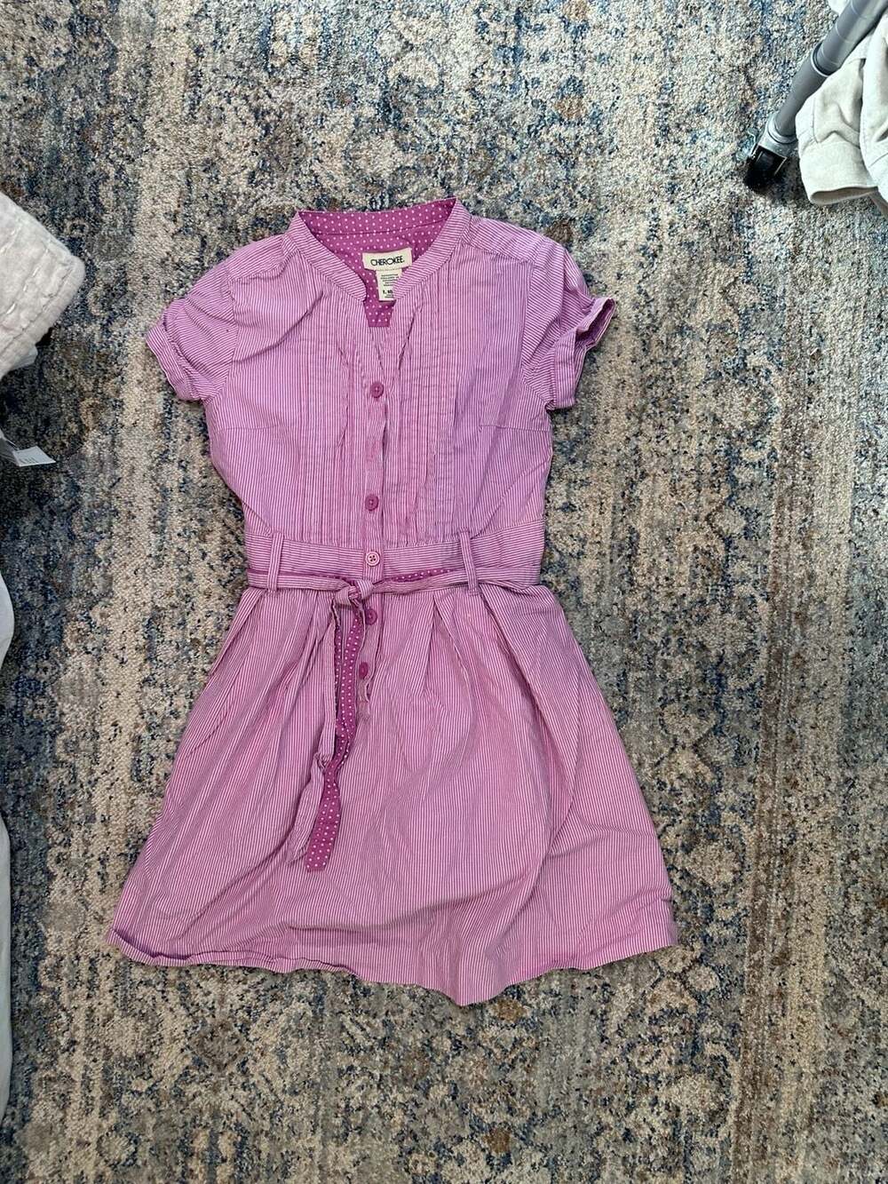 Cherokee Striped Belted Dress Size kids L 10/12 Pink White Cotton